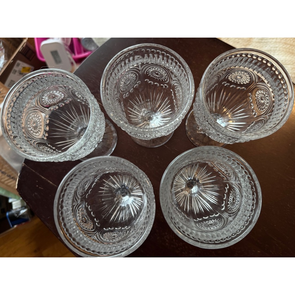 Pioneer Woman Adeline Goblets Set Of 5 Clear 12 Oz Embossed Floral Pressed Glass - Picture 6 of 7